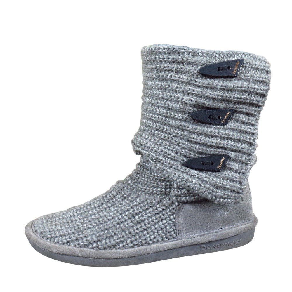 Bearpaw Knit Tall Women Shoes Size 7 Winter Cold Weather Gray Knit Suede Boot
